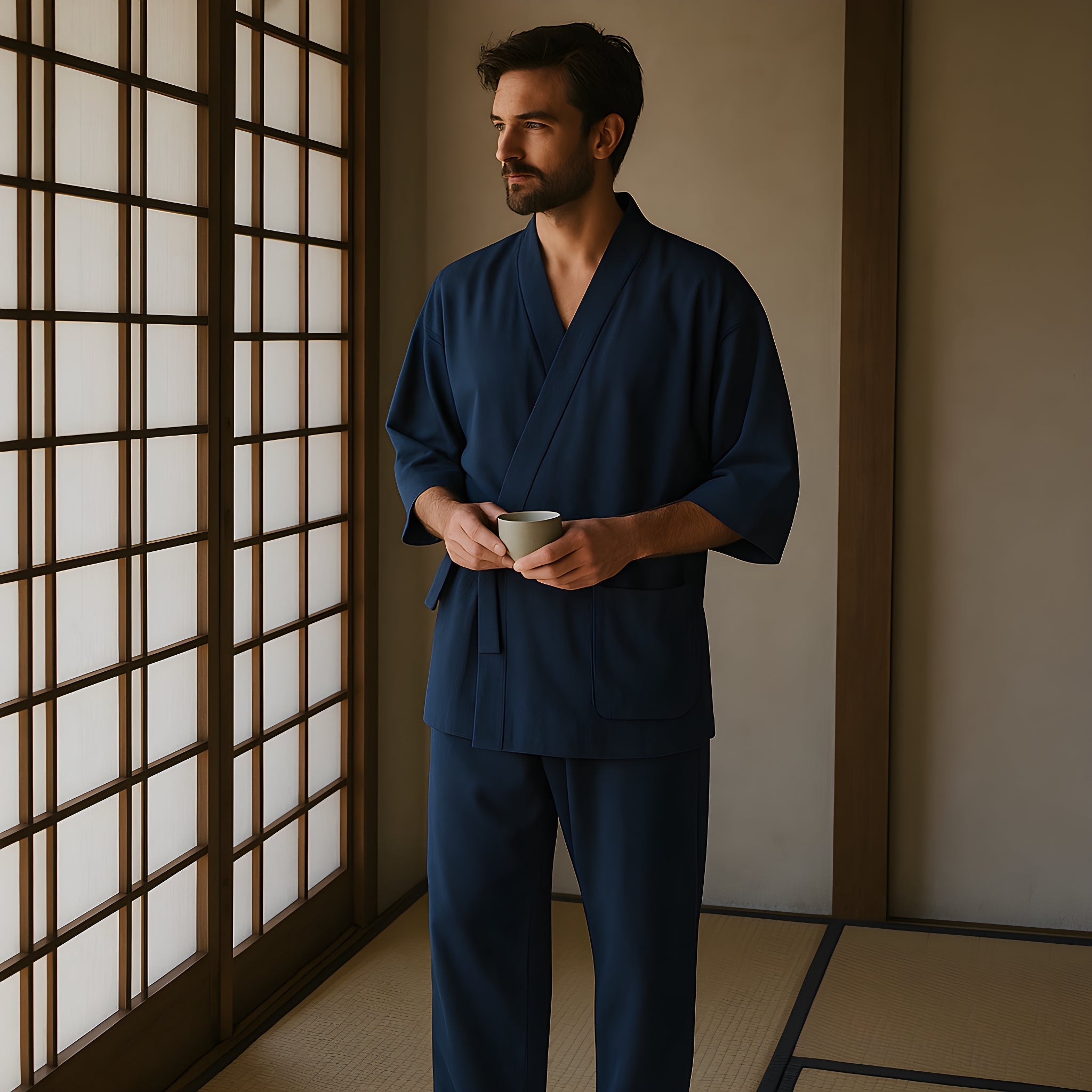 Pyjama Homme Style Kimono Japonais - Tissu Jacquard, Confortable, Poches, Pour Détente Maison - 14