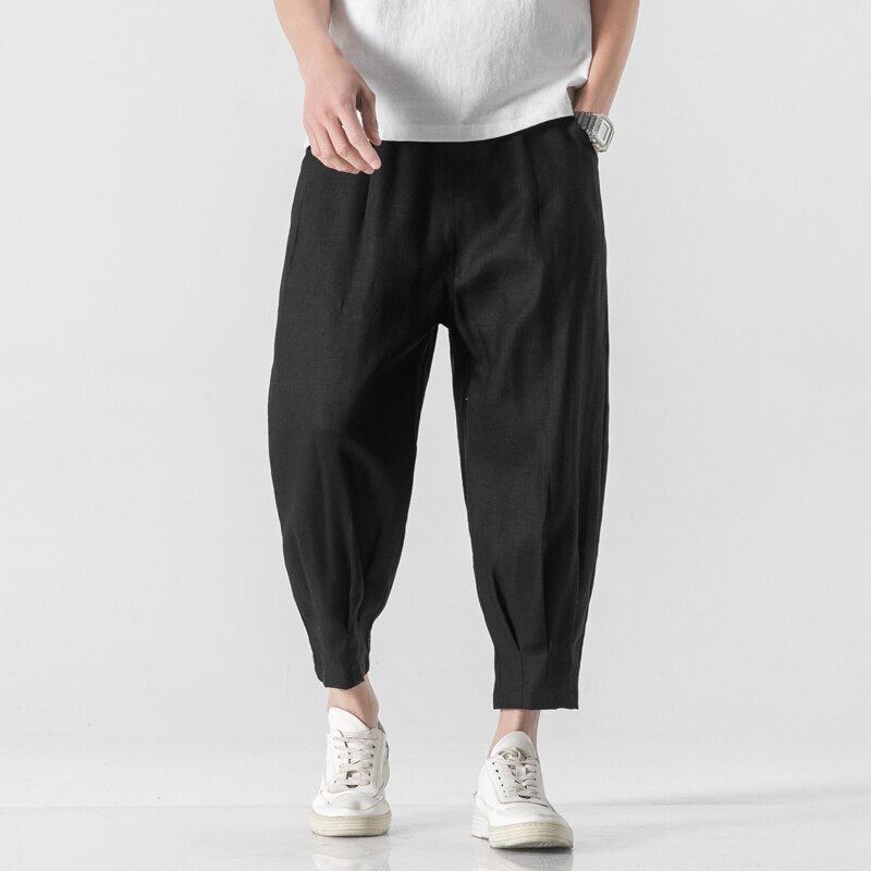 2022 Spring Summer Mens Linen Harem Pants Men HipHop Chinese Style Drop Trousers Male Pantalones Hombre Retro Ankle-Length Pants