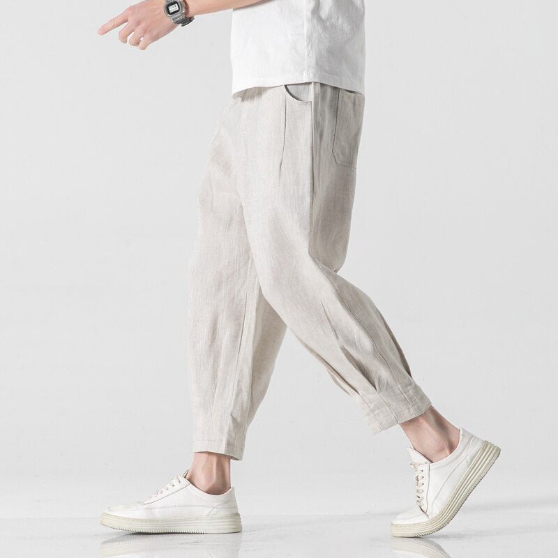 2022 Spring Summer Mens Linen Harem Pants Men HipHop Chinese Style Drop Trousers Male Pantalones Hombre Retro Ankle-Length Pants