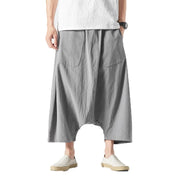 Cotton Linen Men Wide Leg Pants Summer Men Casual Calf-Length Pants Male Track Pants Solid Big Pocket Baggy Pants Trousers