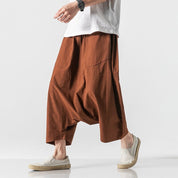 Cotton Linen Men Wide Leg Pants Summer Men Casual Calf-Length Pants Male Track Pants Solid Big Pocket Baggy Pants Trousers