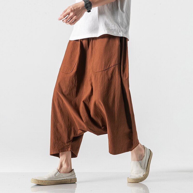 Cotton Linen Men Wide Leg Pants Summer Men Casual Calf-Length Pants Male Track Pants Solid Big Pocket Baggy Pants Trousers