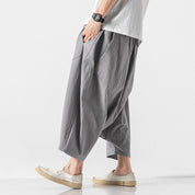Cotton Linen Men Wide Leg Pants Summer Men Casual Calf-Length Pants Male Track Pants Solid Big Pocket Baggy Pants Trousers