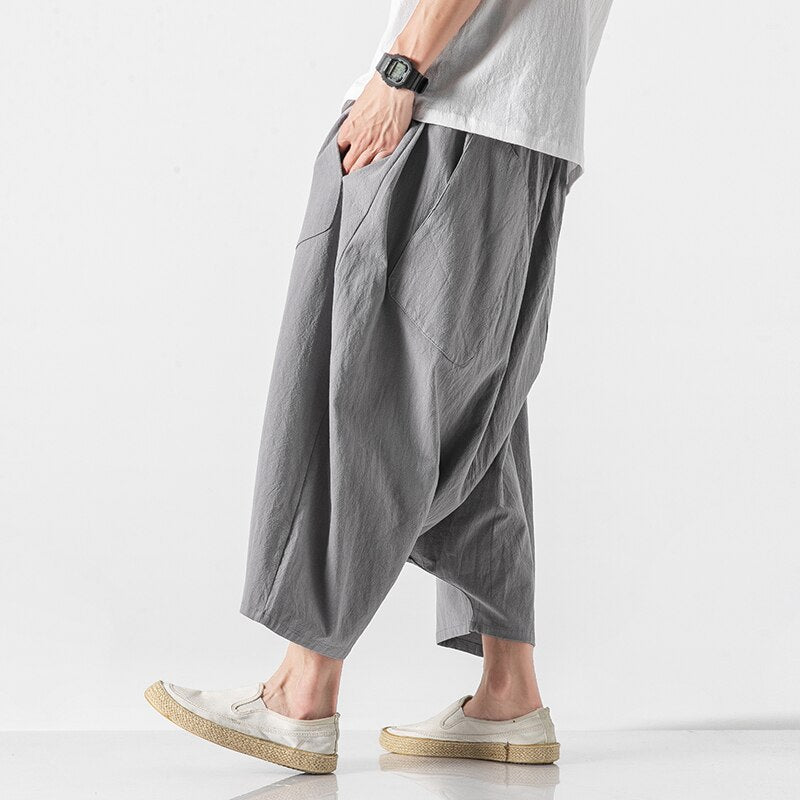 Cotton Linen Men Wide Leg Pants Summer Men Casual Calf-Length Pants Male Track Pants Solid Big Pocket Baggy Pants Trousers