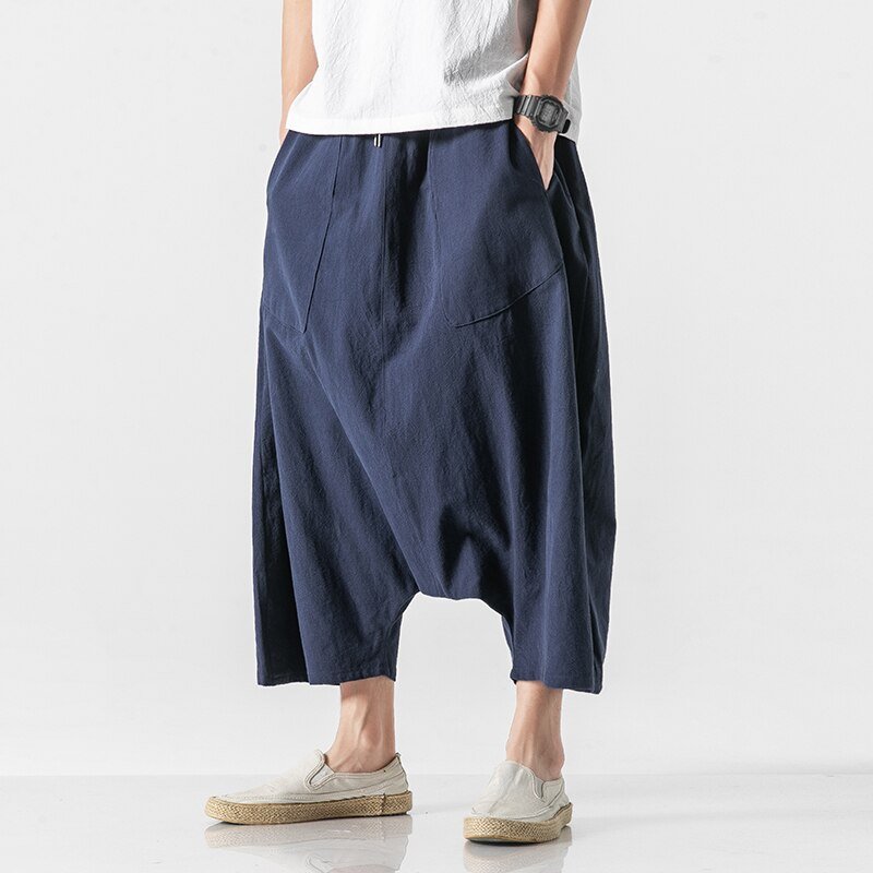 Cotton Linen Men Wide Leg Pants Summer Men Casual Calf-Length Pants Male Track Pants Solid Big Pocket Baggy Pants Trousers