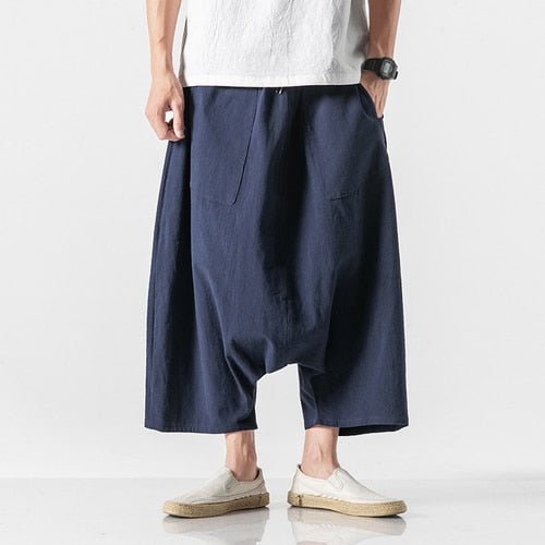 Cotton Linen Men Wide Leg Pants Summer Men Casual Calf-Length Pants Male Track Pants Solid Big Pocket Baggy Pants Trousers