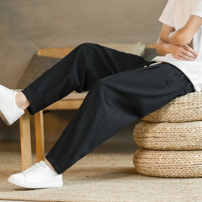 YAOBAOLE Pantalon Sarouel Homme En Lin - Pantalon Taro Japonais Baggy Taille Élastique Confort